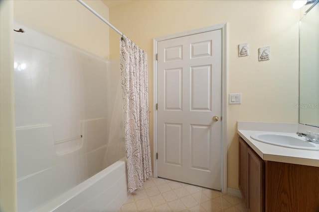 bathroom featuring shower / bath combination with curtain and vanity