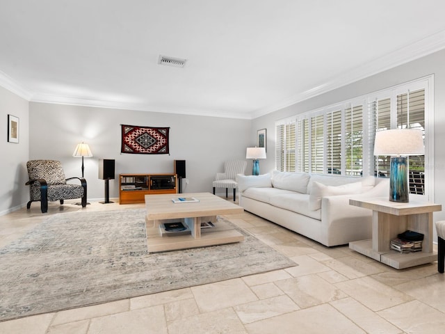 living room featuring crown molding