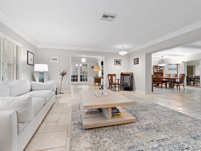 living room with crown molding