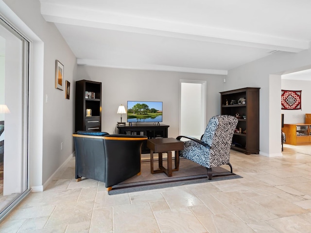 living room featuring beam ceiling