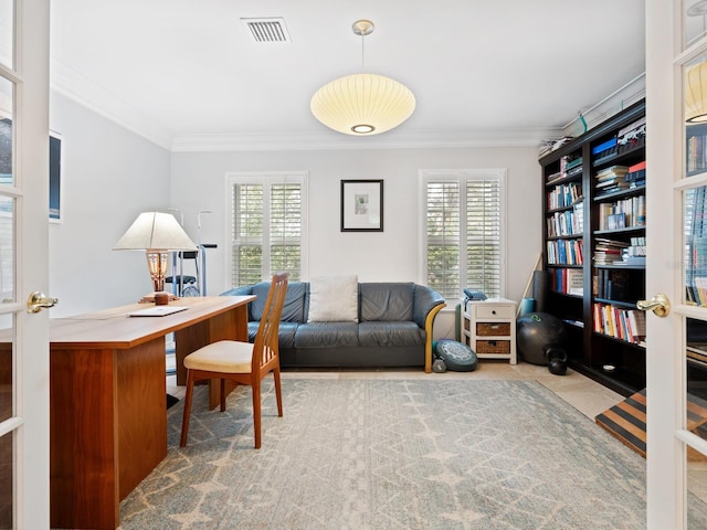 tiled office space featuring plenty of natural light and ornamental molding