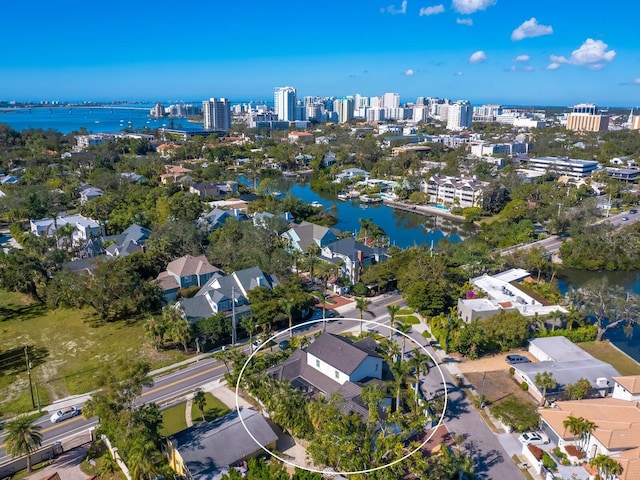 bird's eye view with a water view