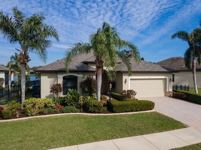 ranch-style home with a front yard and a garage