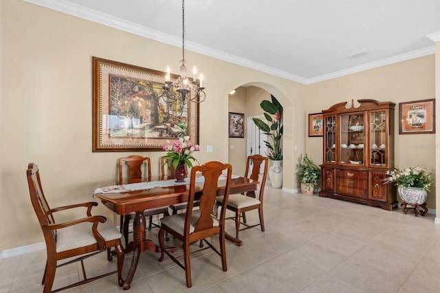 tiled dining room with crown molding and a notable chandelier