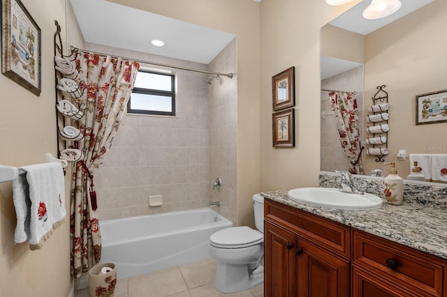 full bathroom with shower / bathtub combination with curtain, tile patterned flooring, vanity, and toilet