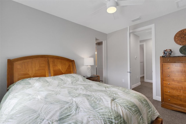 bedroom with a closet, ceiling fan, and carpet flooring