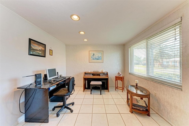 tiled home office featuring crown molding