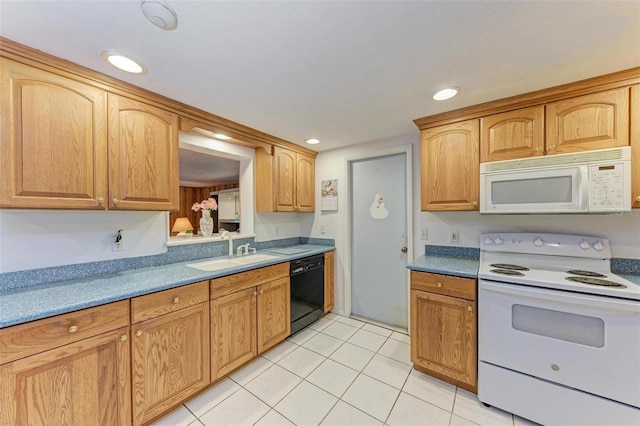 kitchen with light tile patterned flooring, white appliances, and sink