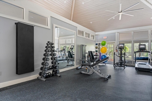 exercise room with ceiling fan, high vaulted ceiling, and wooden ceiling