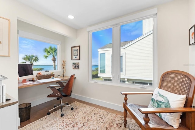 home office featuring a wealth of natural light and light hardwood / wood-style flooring