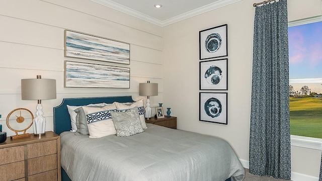 bedroom featuring multiple windows and ornamental molding