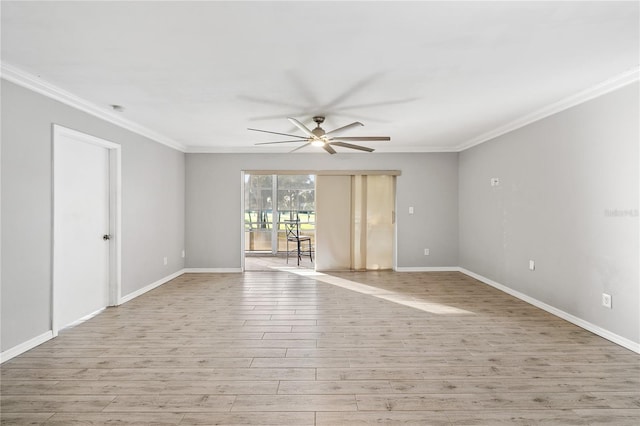 empty room with ornamental molding, light wood-type flooring, and ceiling fan