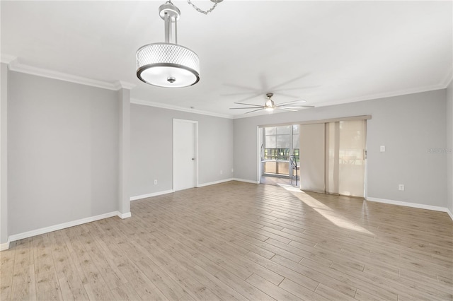 unfurnished room with ornamental molding, ceiling fan, and light hardwood / wood-style flooring