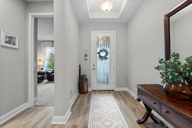 foyer with a tray ceiling and light hardwood / wood-style flooring