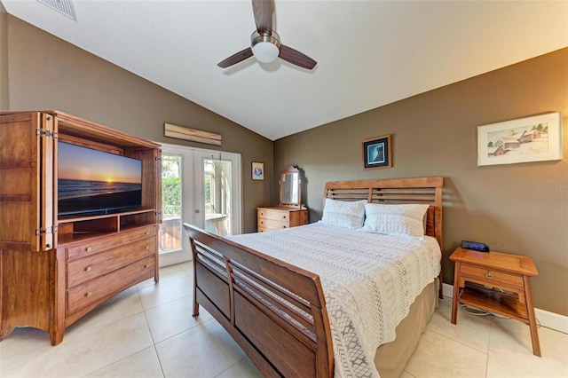 bedroom with french doors, access to outside, ceiling fan, light tile patterned floors, and lofted ceiling