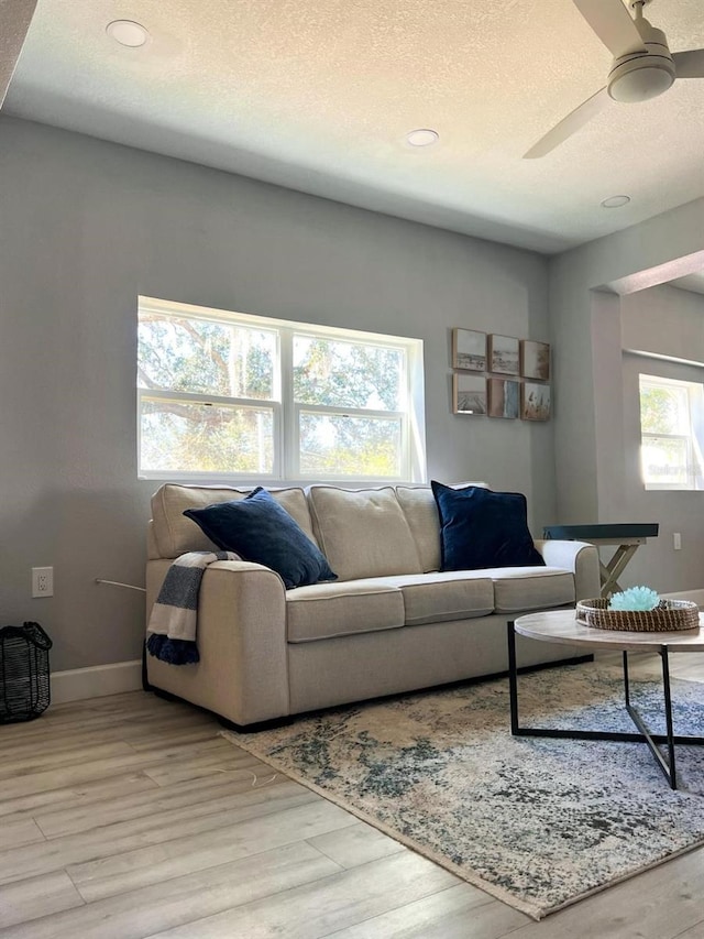 living room featuring ceiling fan, a textured ceiling, and light hardwood / wood-style flooring