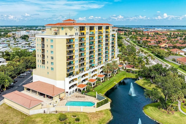 drone / aerial view with a water view