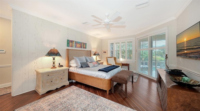 bedroom featuring access to outside, ceiling fan, crown molding, and dark hardwood / wood-style floors