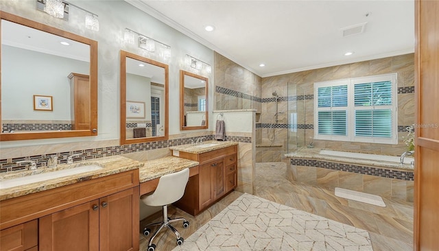 bathroom with vanity, crown molding, plus walk in shower, and decorative backsplash