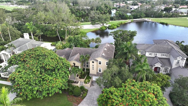 drone / aerial view featuring a water view