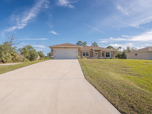 ranch-style house with a garage and a front lawn