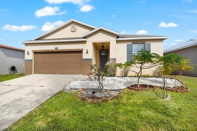 ranch-style home with a garage and a front lawn