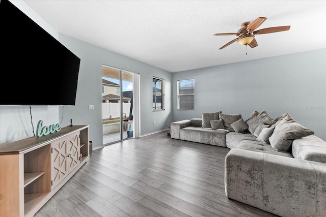 living room with hardwood / wood-style floors, a wealth of natural light, and ceiling fan