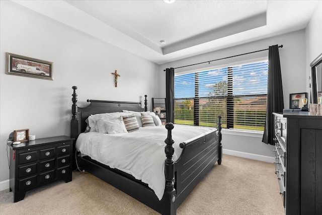 carpeted bedroom with a tray ceiling