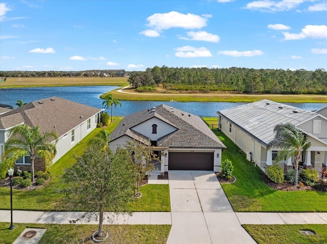 aerial view featuring a water view