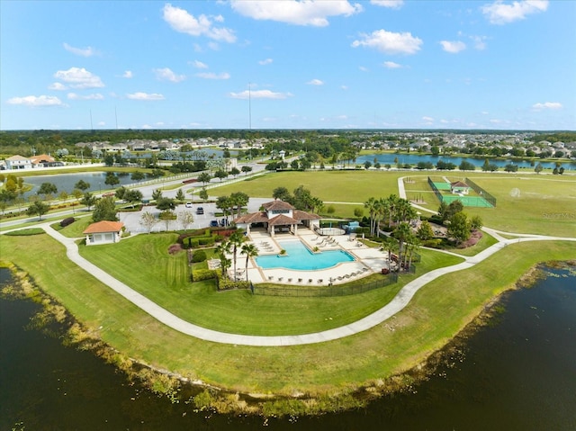 aerial view featuring a water view