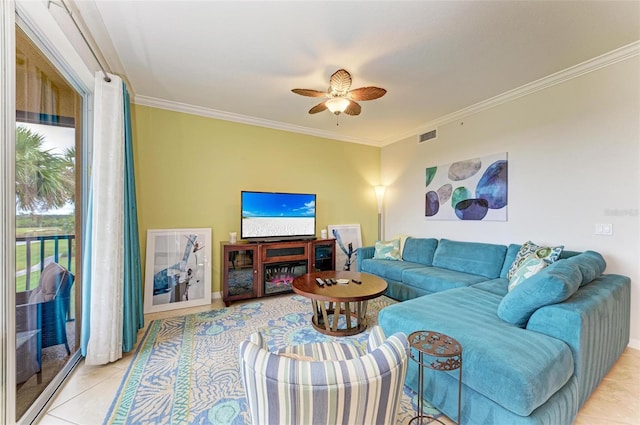 tiled living room featuring crown molding and ceiling fan