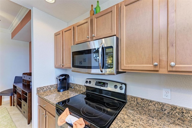 kitchen featuring light tile patterned floors, black electric range oven, crown molding, and light stone counters