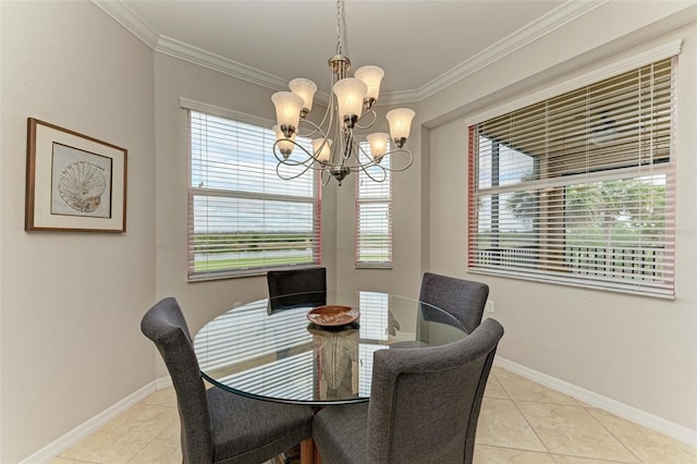 tiled dining room with ornamental molding and a notable chandelier