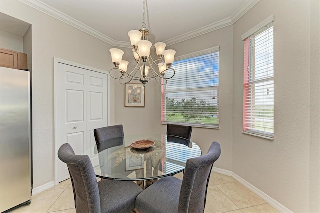 dining space featuring crown molding, light tile patterned flooring, and a chandelier