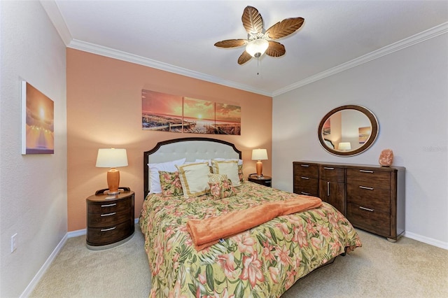 bedroom featuring ceiling fan, ornamental molding, and light carpet