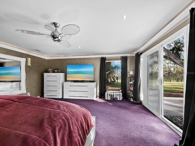 bedroom with access to outside, crown molding, carpet flooring, and ceiling fan