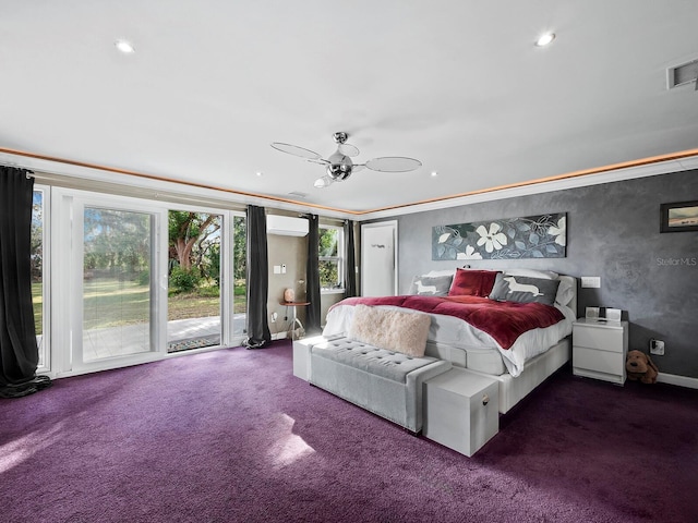 carpeted bedroom with access to exterior, ceiling fan, crown molding, and a wall mounted air conditioner