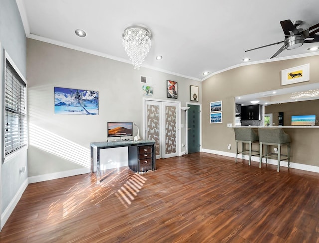 5645 Churchill Downs Rd, Sarasota, FL 34241 - living area featuring ornamental molding, recessed lighting, a chandelier, baseboards, and a ceiling fan