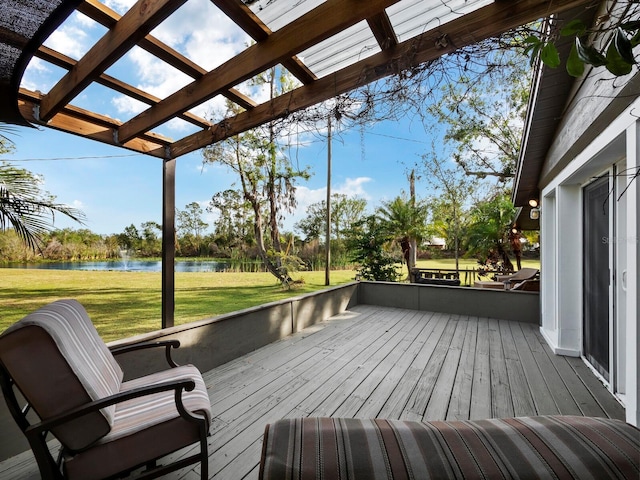 5645 Churchill Downs Rd, Sarasota, FL 34241 - wooden terrace featuring a water view, a lawn, and a pergola