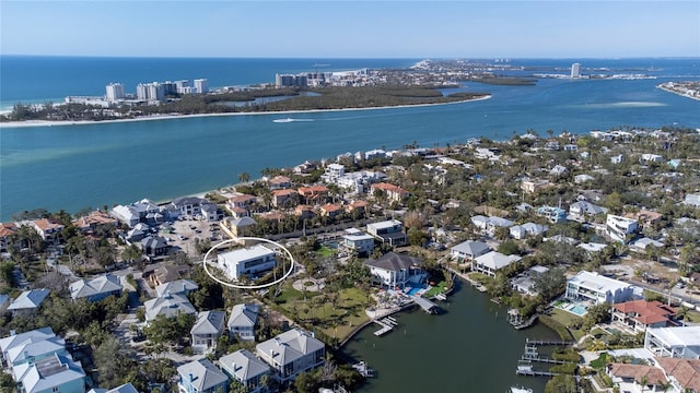 aerial view featuring a residential view and a water view