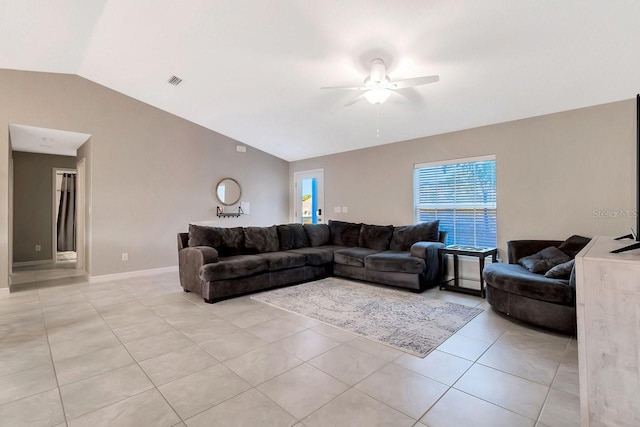 tiled living room featuring vaulted ceiling and ceiling fan