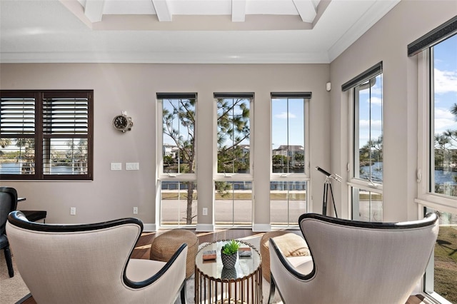 interior space with crown molding and beamed ceiling