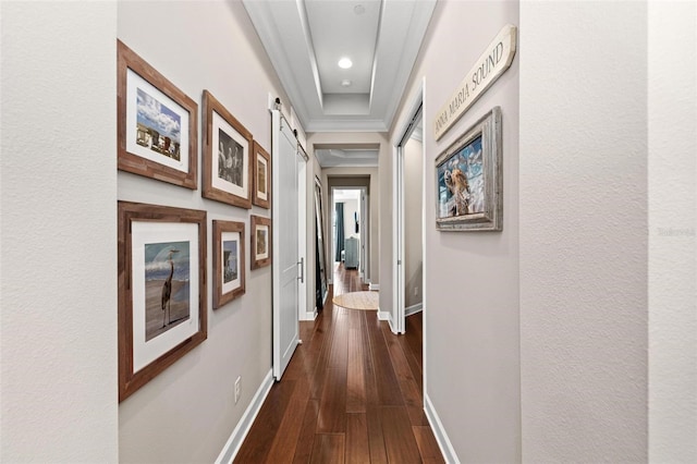 hallway with dark hardwood / wood-style flooring, a tray ceiling, and a barn door