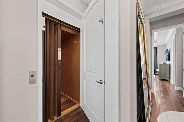 corridor featuring dark hardwood / wood-style floors, elevator, and ornamental molding