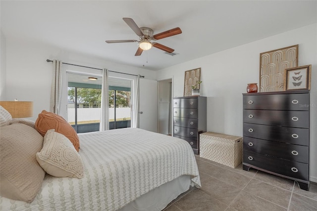 bedroom featuring ceiling fan and access to exterior