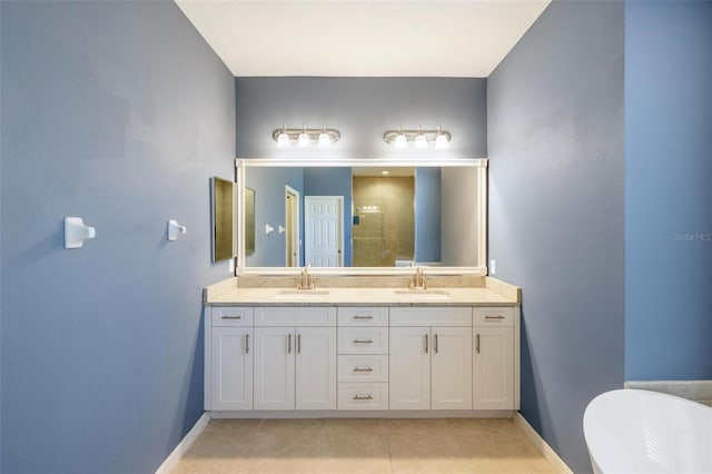 bathroom featuring shower with separate bathtub, vanity, and tile patterned floors