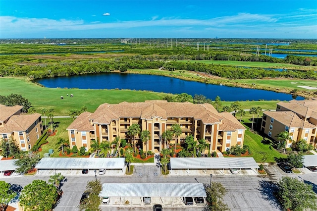 bird's eye view with a water view