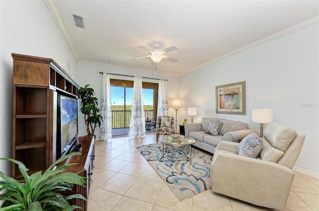 tiled living room featuring ceiling fan and ornamental molding