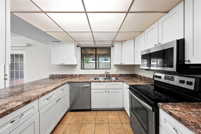 kitchen featuring dark stone countertops, sink, white cabinetry, and stainless steel appliances