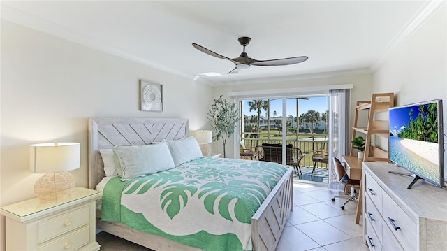 tiled bedroom featuring access to outside, ceiling fan, and crown molding